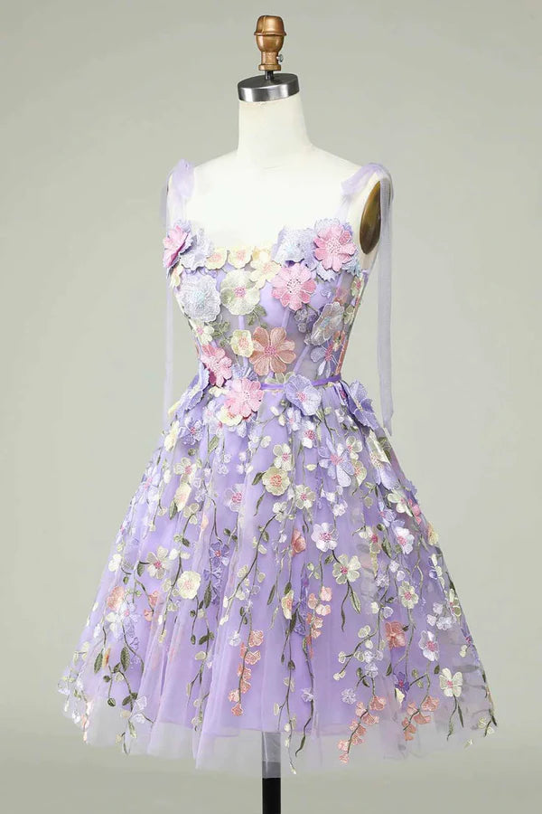 Wholesale Lavender 3D Floral Embroidered Party Dress Cute A-line Homecoming Dress
